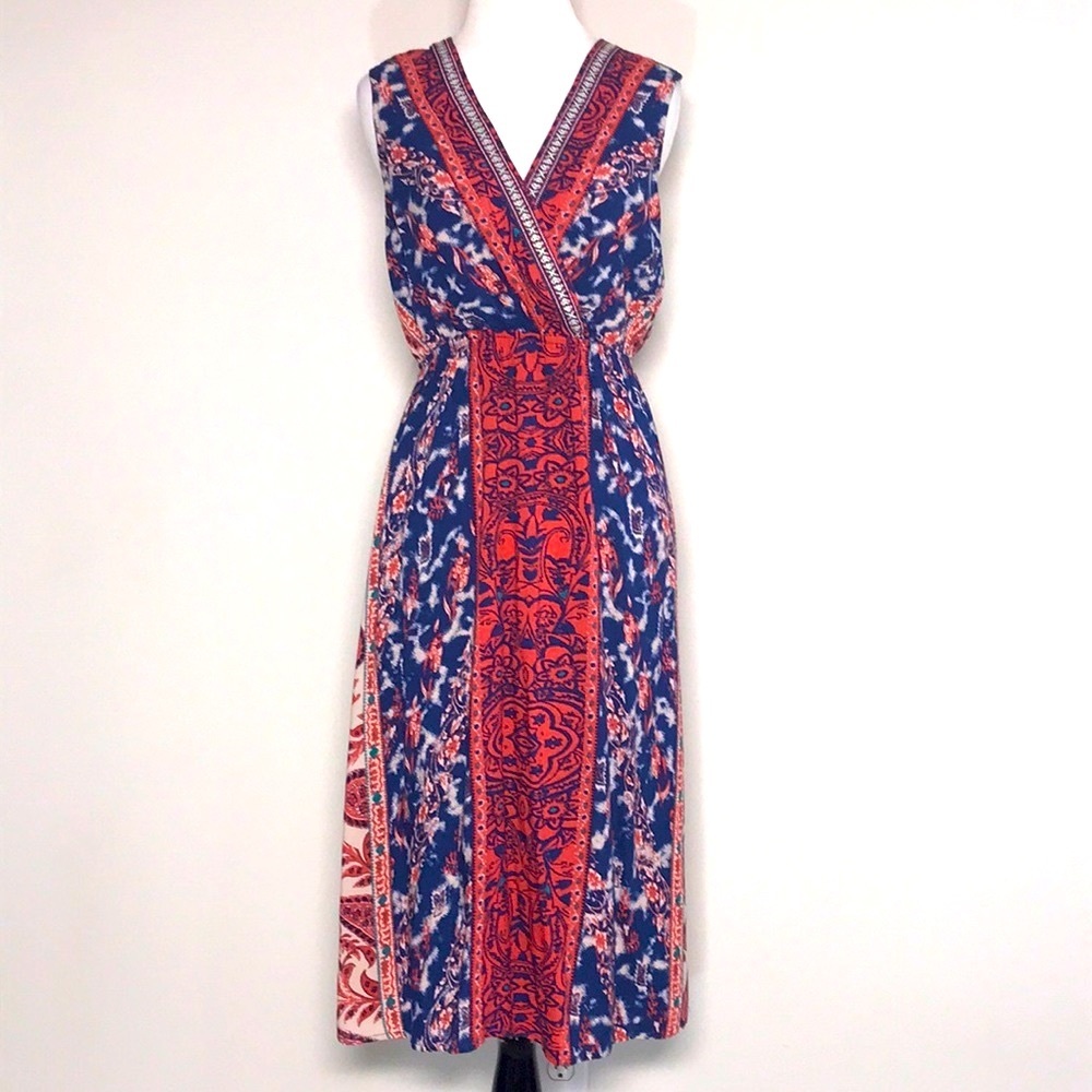 Flying Tomato Women’s Red & Blue Floral Blouson Midi Dress Size Medium